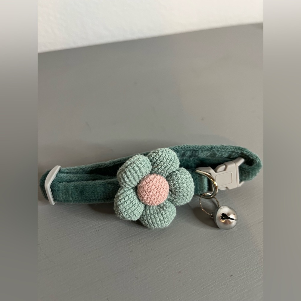 Emerald Green Flower Cat Collar w/ Bell | Soft Velvet Adjustable Breakaway Kitty